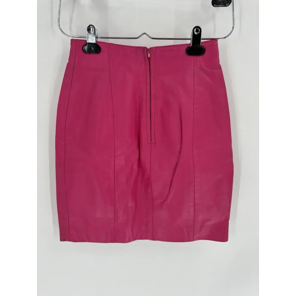 Chia Vintage Hot Pink Leather Skirt Womens 4 Short Zip Up Lined 80s 90s Retro